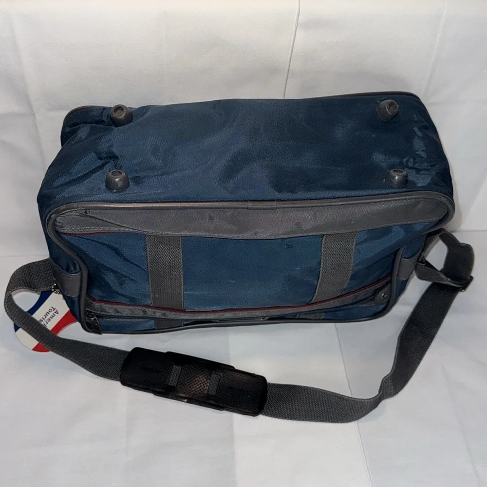 American Tourister Blue Canvas Carry On Bag Shoulder Strap Luggage Tag Footed